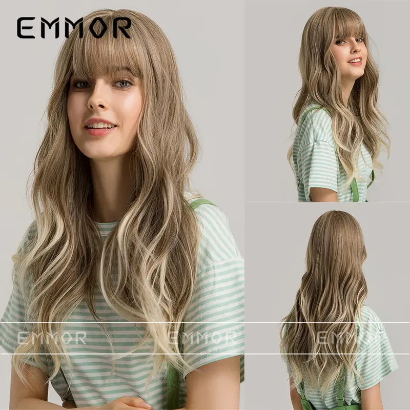 Women's European-American Style Synthetic Fiber Long Curly Wig with Bangs, Gray-Brown Full Machine Wig for Cross-Border Amazon E-Commerce