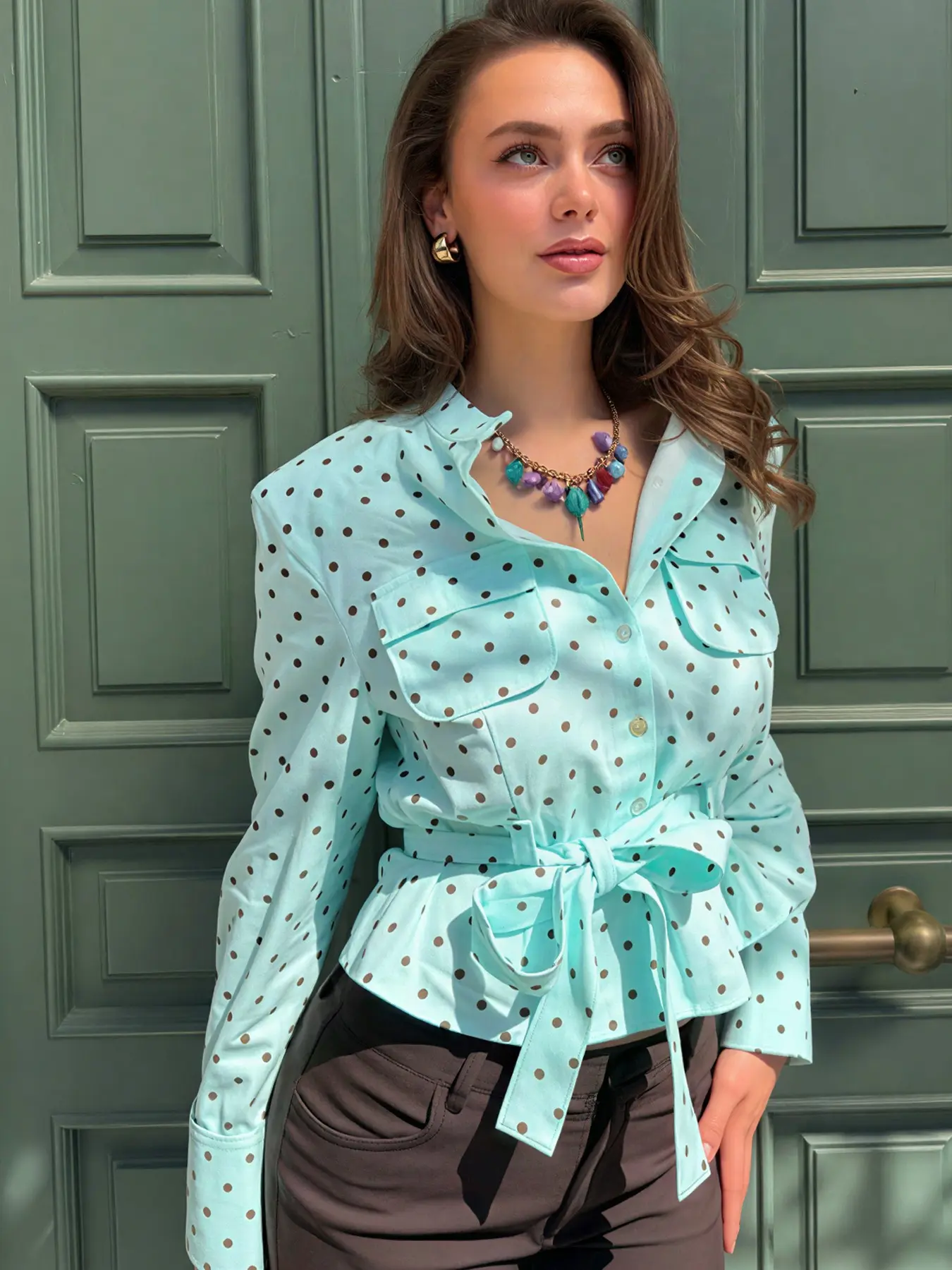 Women's Shirt Polka Dot Long Sleeve Top Woman Tie Waist Slim Mint Green Blouses Stand Collar Button Shirts Stylish Female Blouses Chic Blouse For Women Casual Button Down Shirt