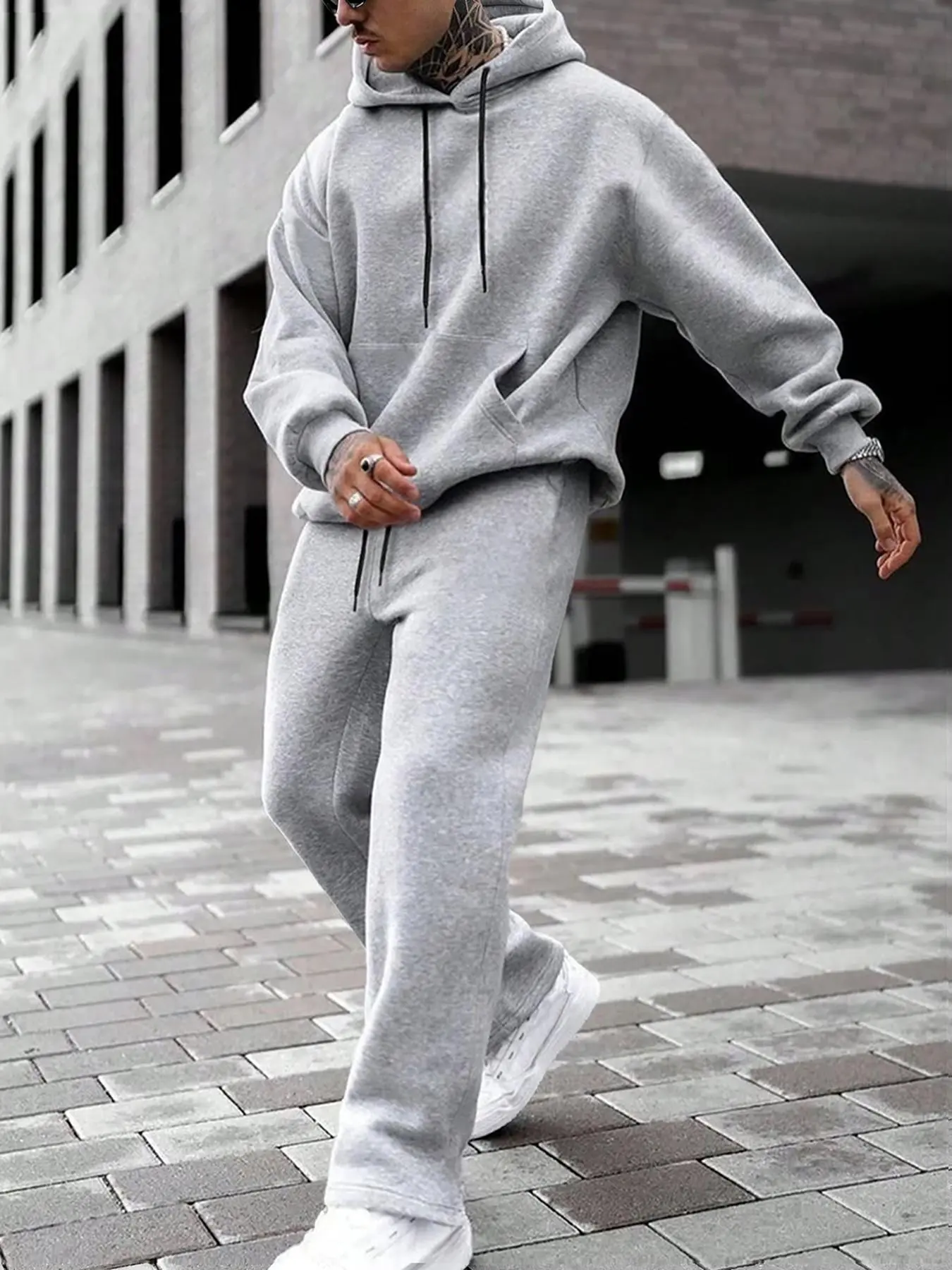 Men's Casual Sweatshirt Set, Long Sleeve Hooded Fitted Top & Loose Straight Pants, Plain Color, Spring Fall Fashion