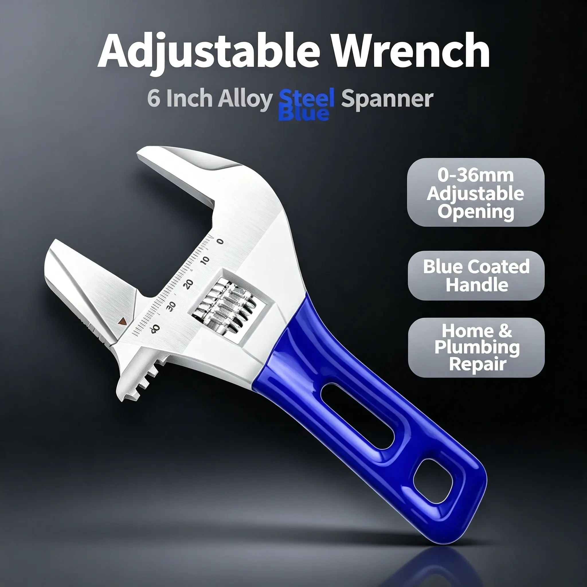 6 Inch Adjustable Wrench, Alloy Steel Open End Wrench, 0-36mm, Blue Coating, Home Repair, Plumbing, Auto Repair, Construction Tools