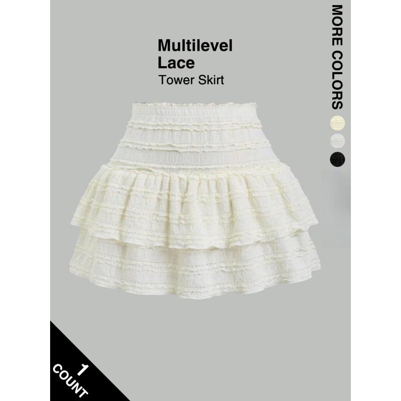 Women's High Waist Ruffled Pleated Mini Skirt with Lace, Double-Layer Flared Design, Comfortable Soft Fabric, Fashionable Elegant Short Skirt Suitable for Outdoor Leisure Daily Wear
