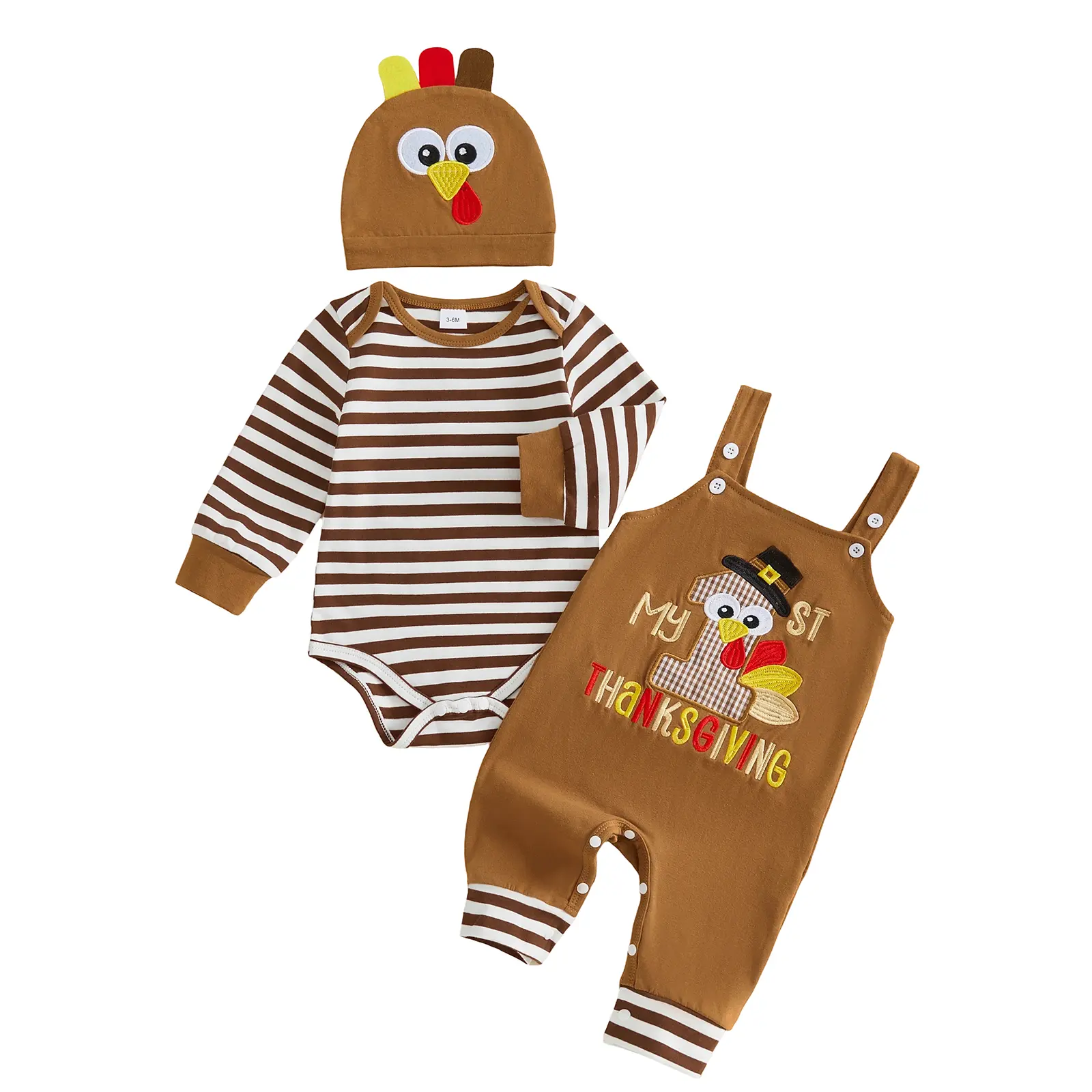 FOCUSNORM Newborn Baby Boys Thanksgiving 3Pcs Fall Outfit Turkey Embroidery Striped Bodysuit Overalls With Matching Hat Clothes Set 0‑18M