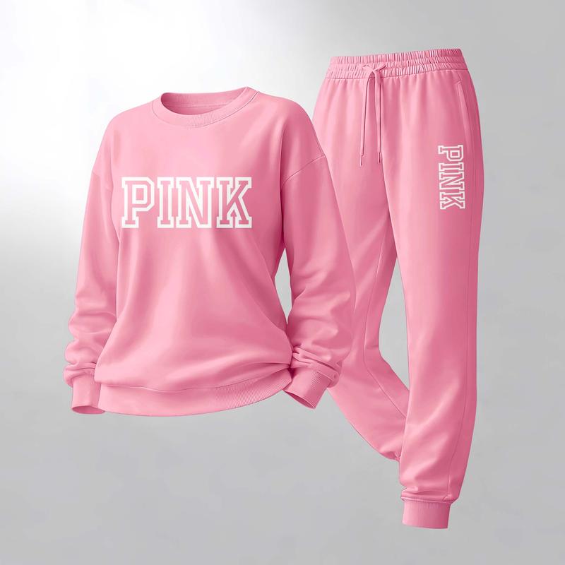 Women's Letter Print Crewneck Sweatshirt and Drawstring Track Pants Set, Casual Sportswear, Long-Sleeve Round Neck Top and Pants, Suitable for Spring, Autumn and Winter, Everyday Wear