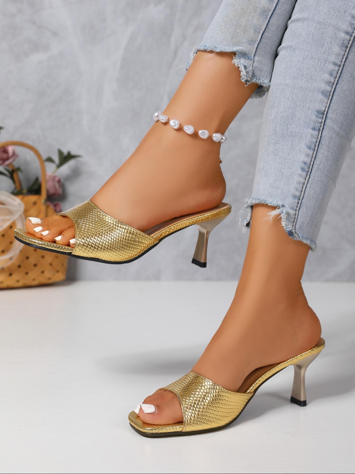 Women's Square-Toe High Heeled Sandals, Summer Casual Shoes with Unique Snakeskin Pattern and Flat Irregular Heel, Stylish and Comfortable Footwear for Daily Wear