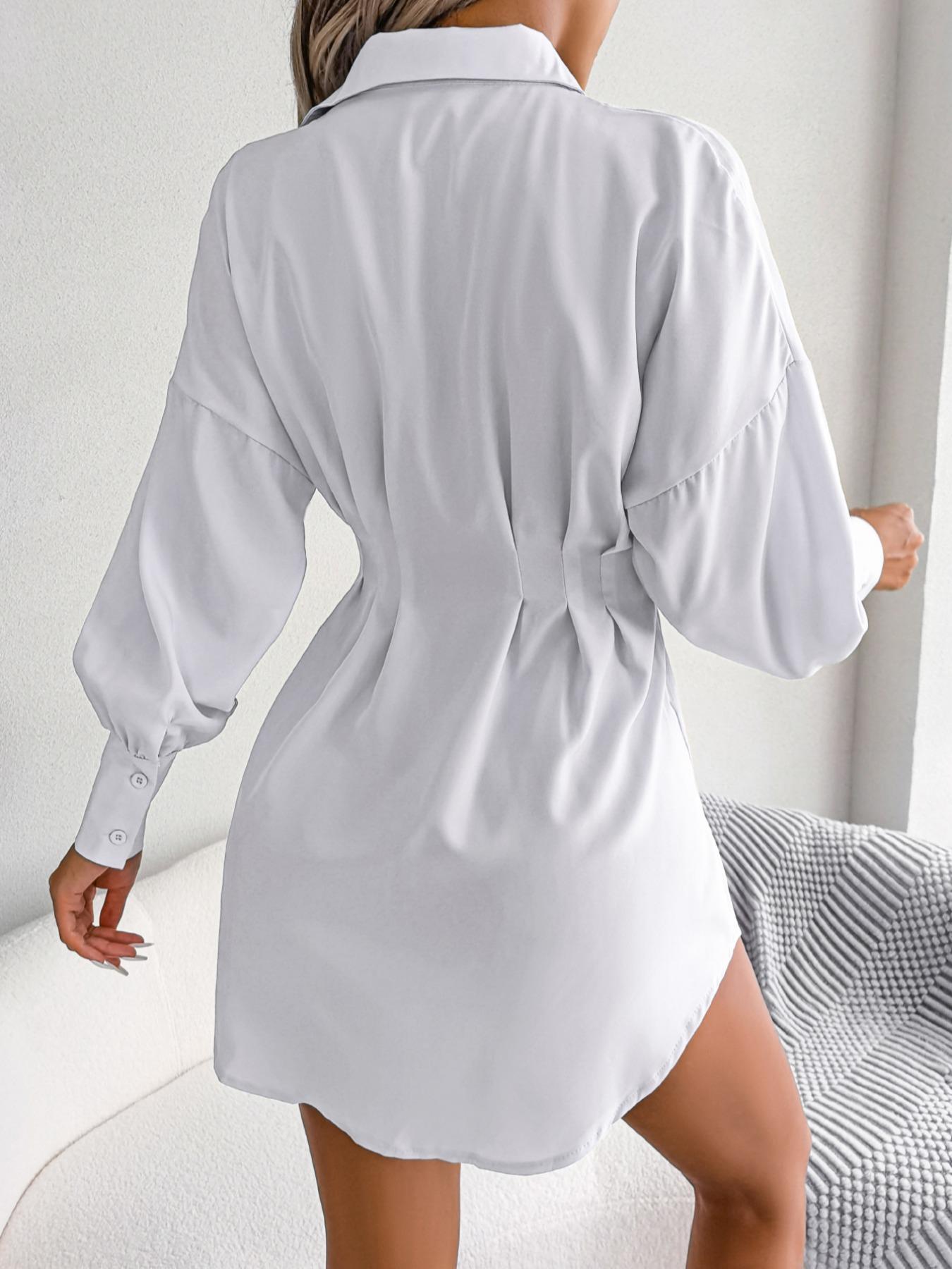 Women's Solid Curved Hem Ruched Button Front Shirt Dress, Casual Comfy Chic Drop Shoulder Long Sleeve Short Dress for Spring & Fall, Women's Clothes, Lady Casual Wear