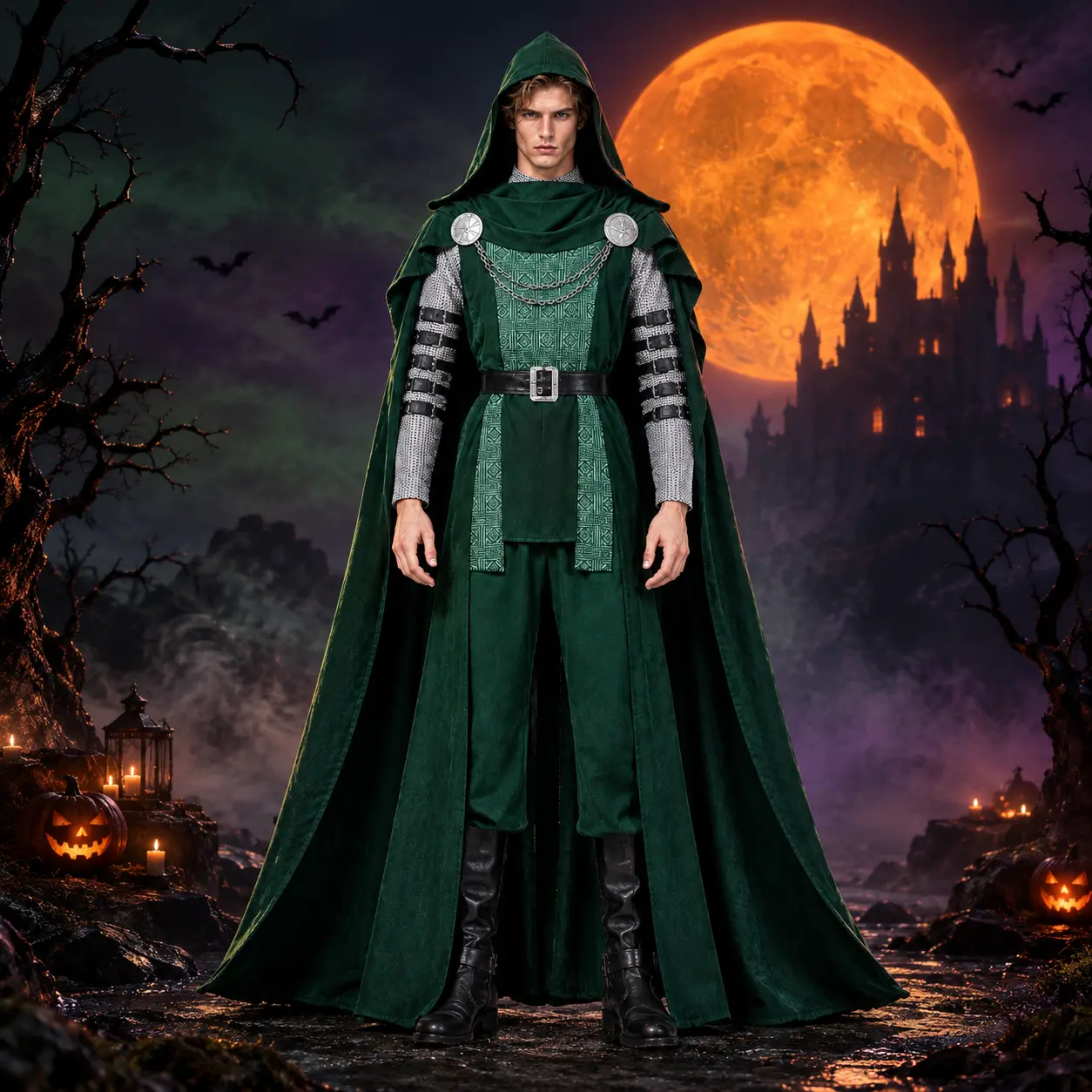 Men's Medieval Renaissance Warrior Costume, Hooded Knight Cloak Cape with Tunic and Belt, Vintage Fantasy Adventure Cosplay Outfit for LARP, Renaissance Faire, Medieval Festival, Black Friday Deals, Thanksgiving Gift and Christmas Gift for Men
