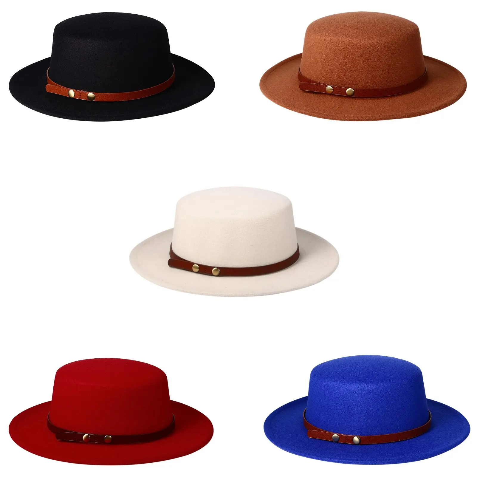 Women's Wide Brim Flat Top Fedora Panama Hat Pork Pie Hat Jazz Cap With Belt
