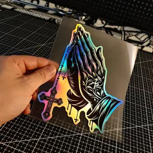 (1PC/2PC/4PC) Holographic Praying Hands Cross Car Sticker | Reflective Christian Faith Vinyl Decal for Cars, Trucks, Motorcycles, Windows & Laptops | Waterproof Religious Auto Accessory