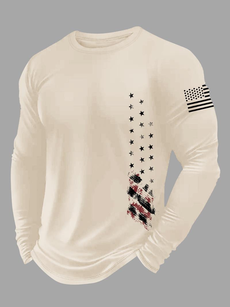 Men's American Flag Print Round Neck Long Sleeve Tee, Regular Fit Casual Crew Neck T-shirt for Fall & Winter, Men's Top for Daily Wear