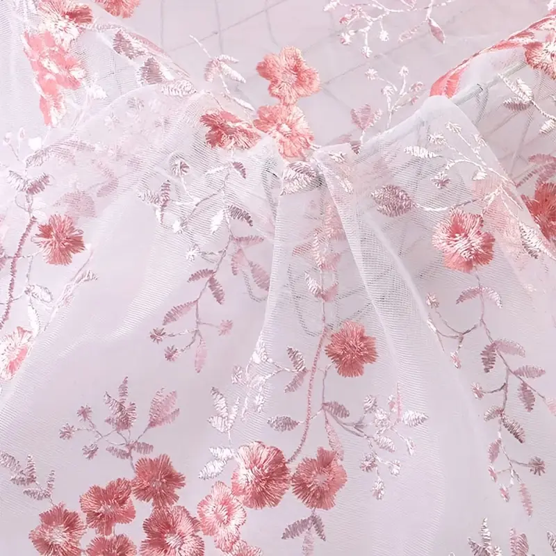 Pink floral embroidered tulle fabric by the yard, 3D flower mesh lace fabric for wedding dresses, bridal veils, and DIY sewing craft decor