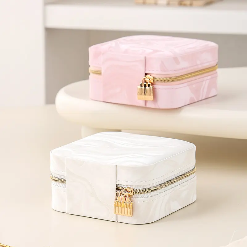 Portable Marble Pattern Jewelry Box, Small Travel Zipper Jewellery Organizer Case, PU Leather Storage Box for Rings Earrings Necklaces Bracelets, 2 Colors Available