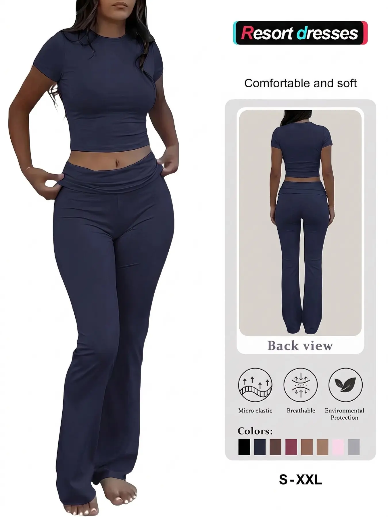 American-Style Hot Girl Aesthetic Two-Piece Set, Cropped Short-Sleeved Top & Flared Trousers, Casual Loungewear for Outdoors, Multiple Colors & Sizes, Pants Set Outfit