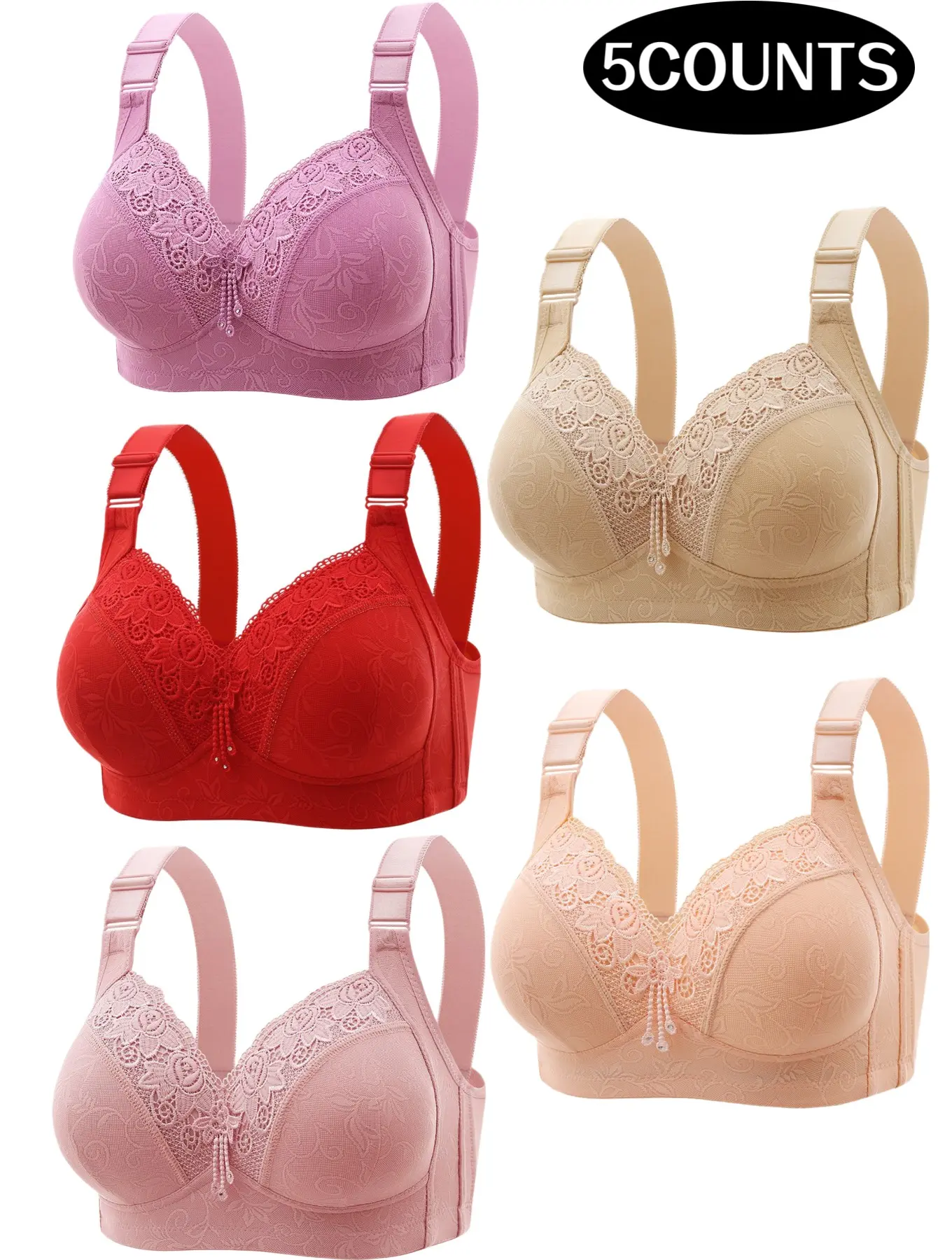 5-Pack Women's Lace Wireless Push-Up Bras, Seamless Comfort Fit, Daily Wear Underwire-Free Bra, Breathable Soft Fabric, Full Day Support