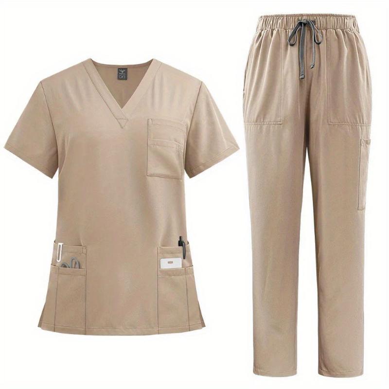 New2025Women's Professional Scrubs Suit - Comfortable Fit, V-neck Top With Pockets And Straight-leg Pants Doctors And Nurses