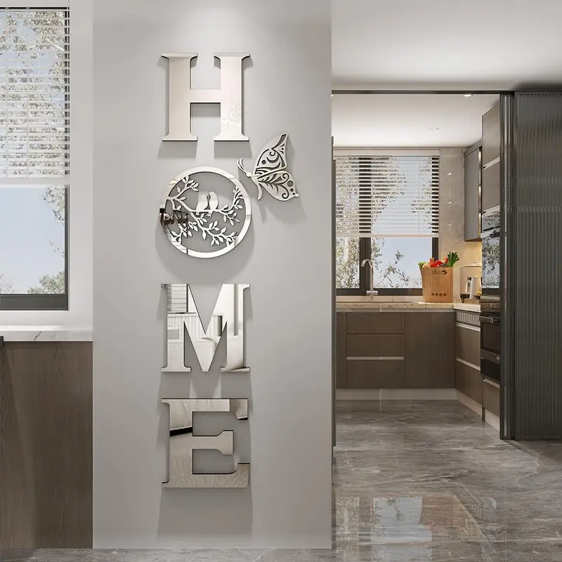 Signs Wall Decor Letter Signs Length Mirror Wall Stickers Decorations for Living Room Bedroom The Modern Decorations Bird Wall Art LargeSilver ,49.2 X 15.7 Inch