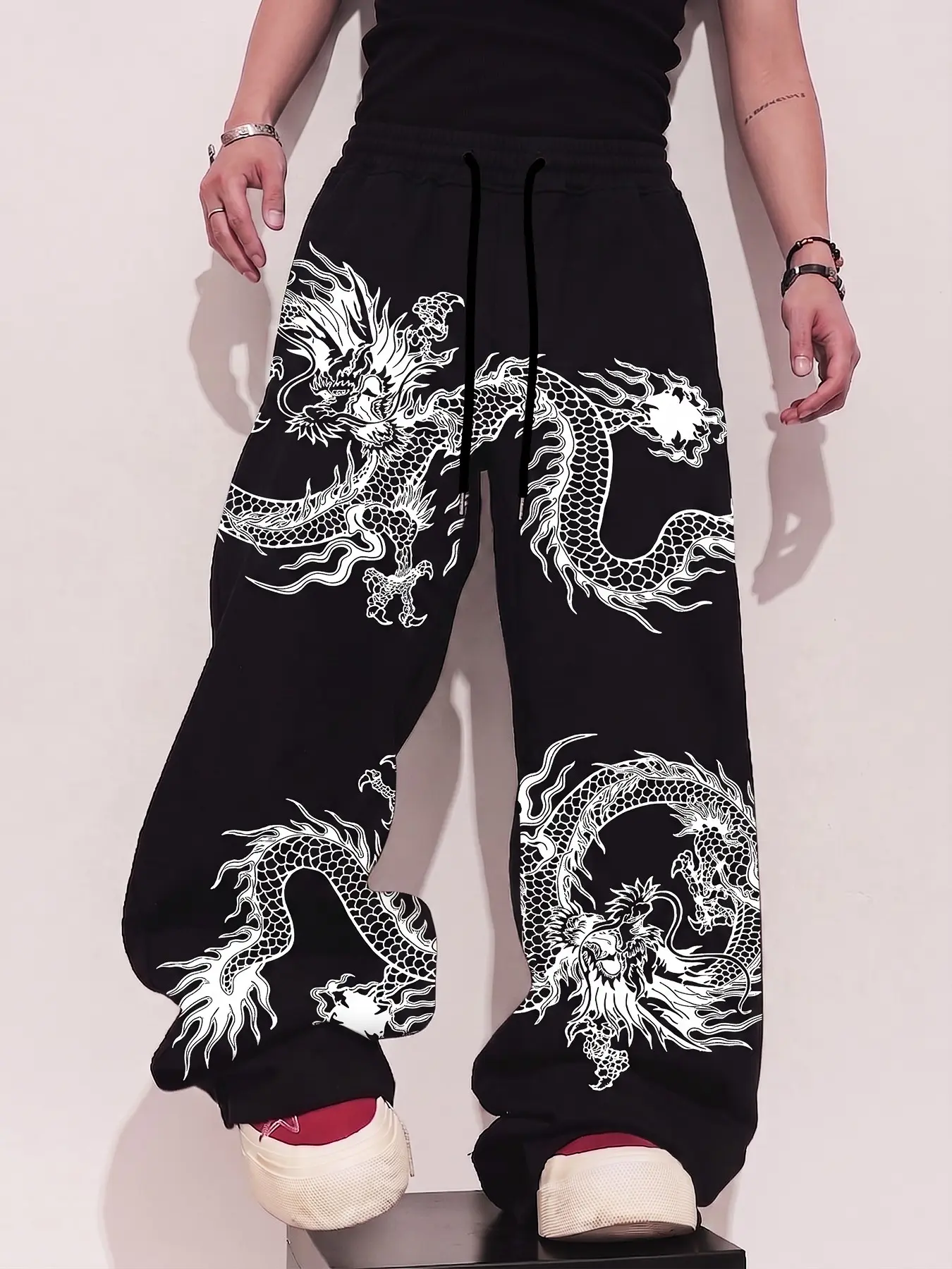 Unisex Chinese Dragon Graphic Baggy Sweatpants, Elastic Waist Drawstring Loose Wide Leg Trousers, Hip Hop Streetwear Dragon Print Casual Jogger Pants, Relaxed Fit Heavyweight Street Bottoms,Y2K Goth Punk Style