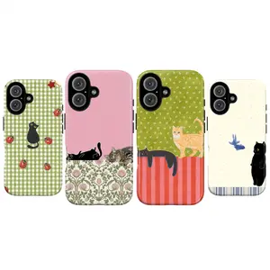 Cell Phone Case for IP 17/16/15/14/13/12/11 Series (Pro, Pro Max & Standard) & Samsung Galaxy S21-S25 Plus Ultra - Cute Vintage Cottagecore Cat & Nature Pattern, Shockproof Drop Protection, Flexible Soft TPU