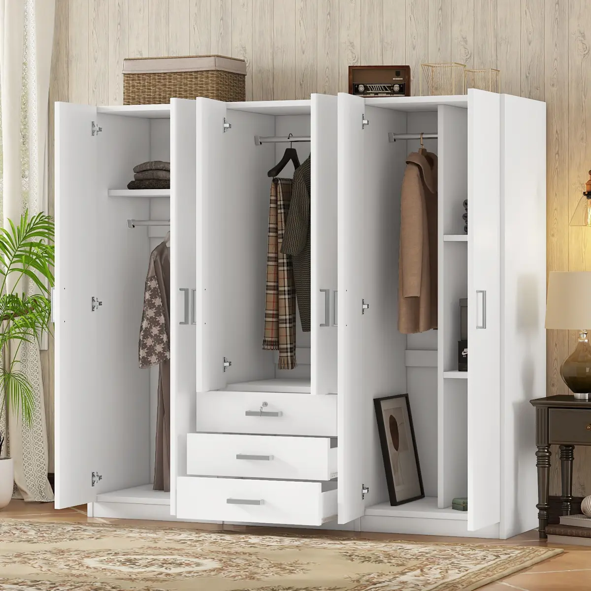 Modern White Satin Engineered Wood 6-Door Closet Wardrobe - Large 70.9in x19.2in x68in Space-Saving Bedroom Furniture, Locking Drawers, 264 lbs Durable Flat-Packed Assembly-Required Storage Unit