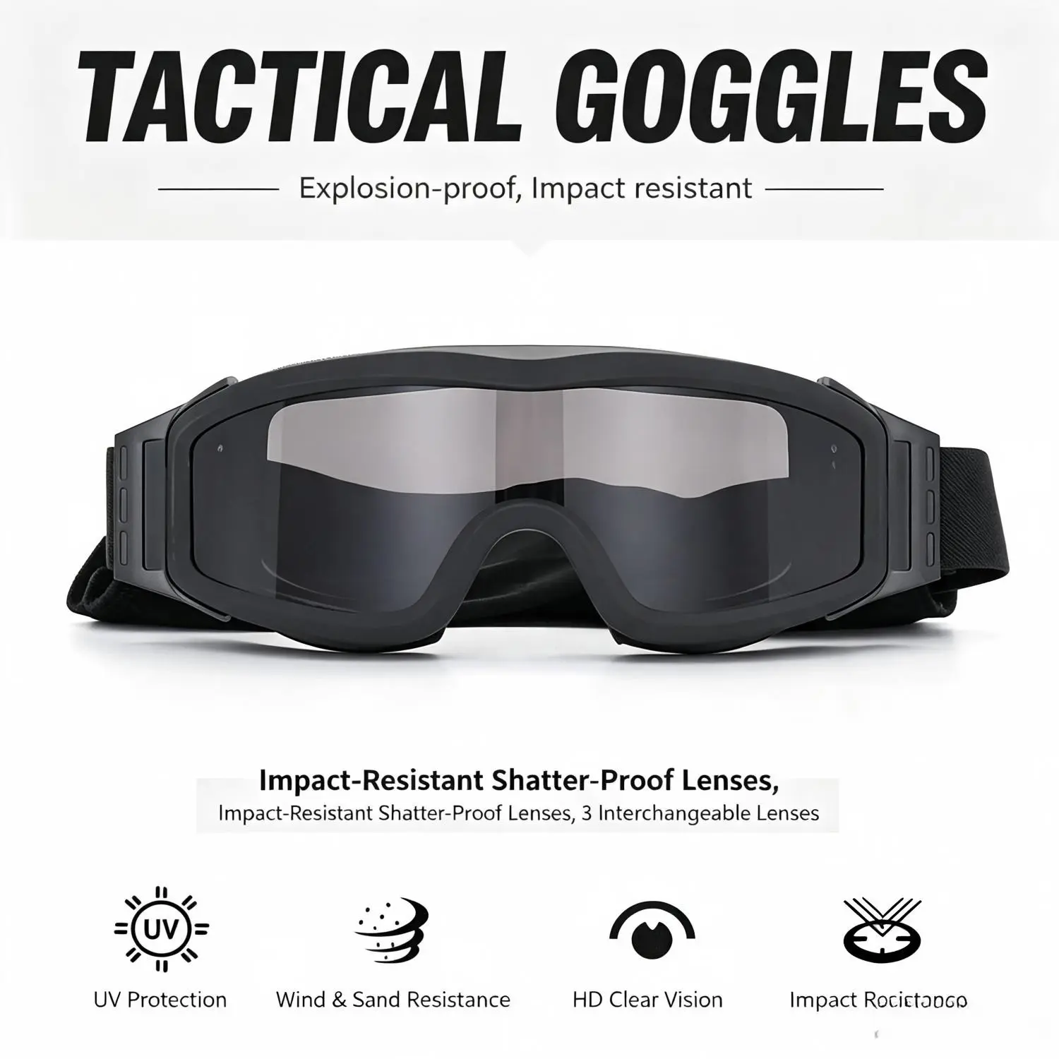 Unisex Tactical Goggles with Replaceable Triple Lenses, Anti-Shock Shooting Glasses, Military Cs Outdoor Windproof Gear with Storage Bag