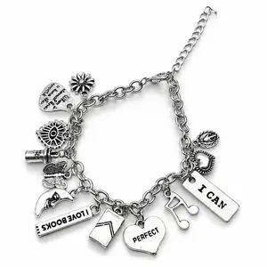 Inspirational Multi-Charm Bracelet, Silver Plated "I Can" "I Love Books" Charm Bangle, Bohemian Book Lover Jewelry