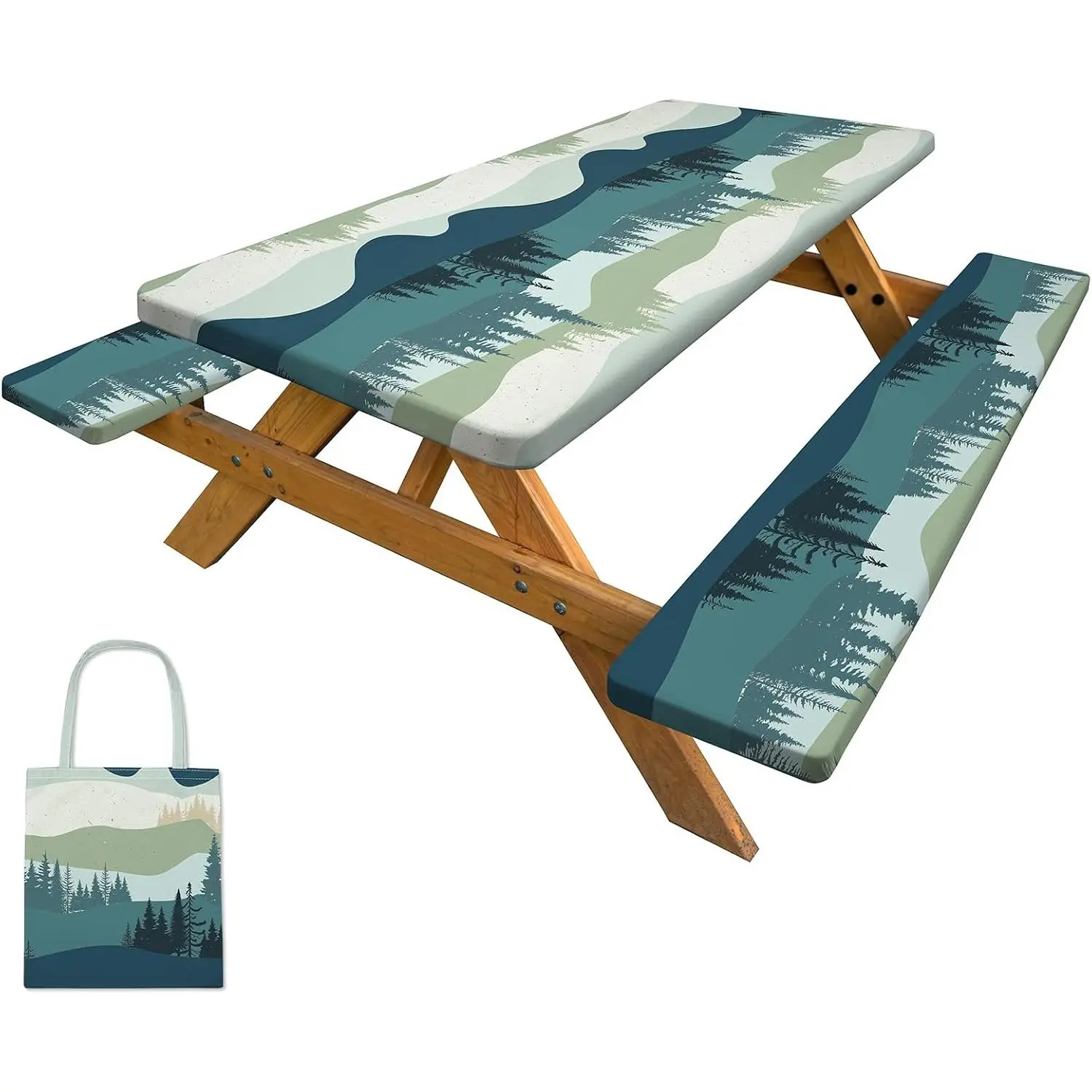 Picnic Table Cover with Bench Covers Camping Tablecloth with Storage Bag Windproof Waterproof Picnic Table Covers with Elastic for Camping