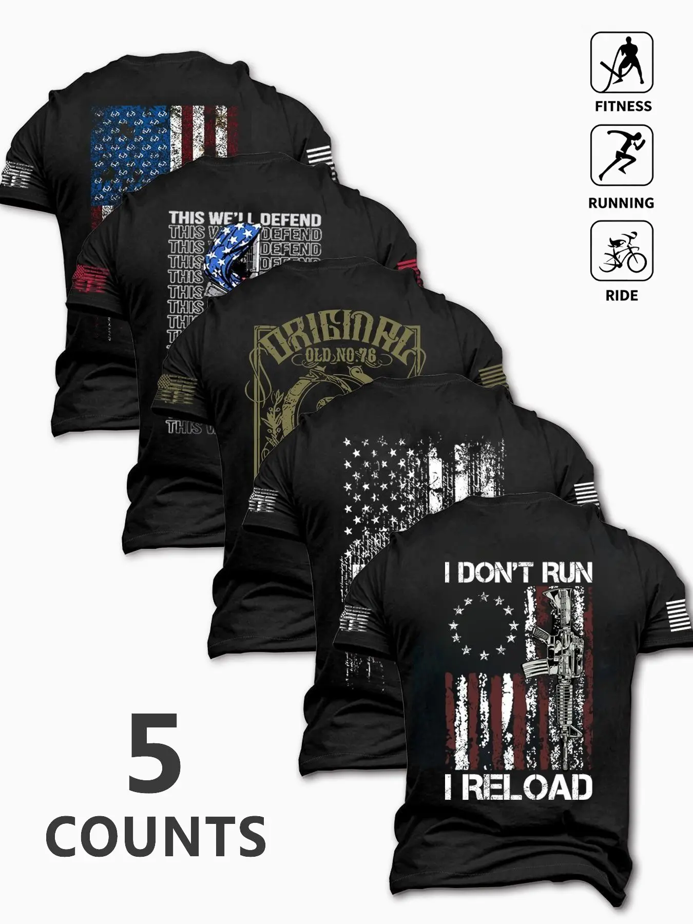 5-Pack Men's Sporty T-Shirts, Fitness Apparel, Vintage Flag Design, Comfortable & Stylish, Ideal for Gym, Outdoor Activities, Perfect Gift, Fitness T Shirt