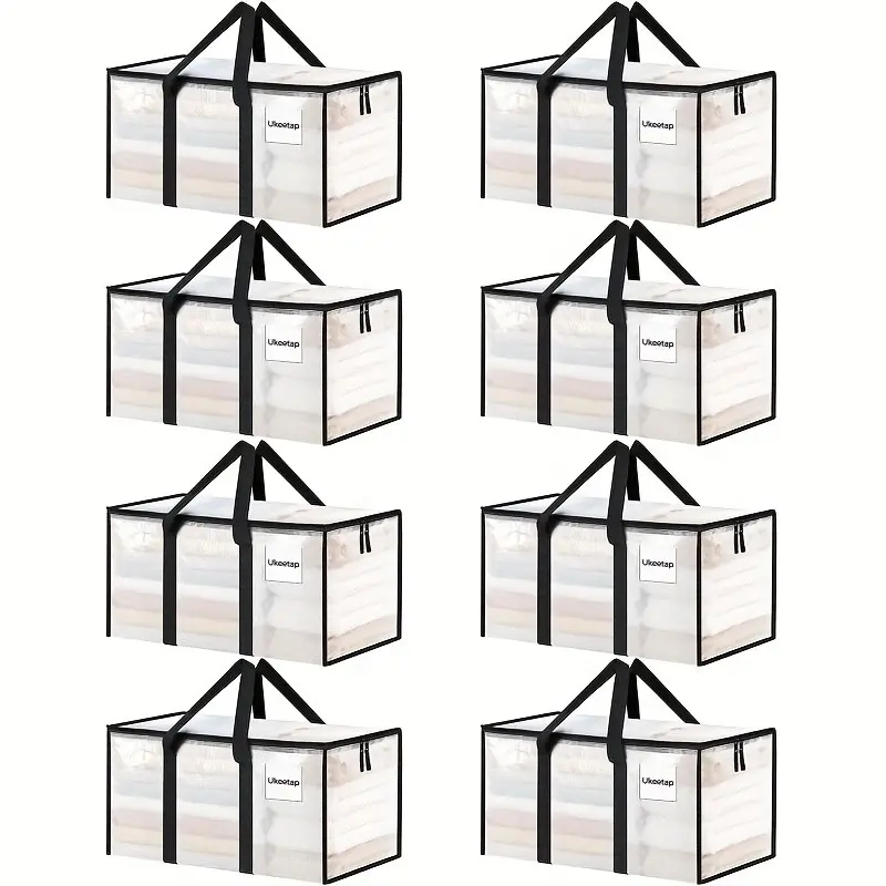 8-Piece Large Heavy-Duty Storage Bags, Transparent Lidded Boxes with Reinforced Handles, Durable Zipper Pouches for Clothes, Dorms, University Supplies