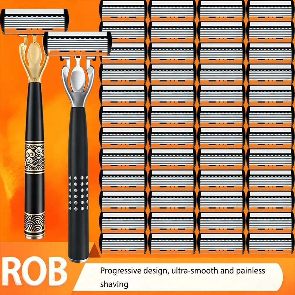 Luxury Men's Manual Razor Set, 2 Non-Slip Handles + 48 Replacement Blades, Ultra-Thin Sharp Stainless Blades, Moisturizing Strip, Dry/wet Shave, Smooth Shaving, Gift-Ready, Shaving Products, Shaving Razors