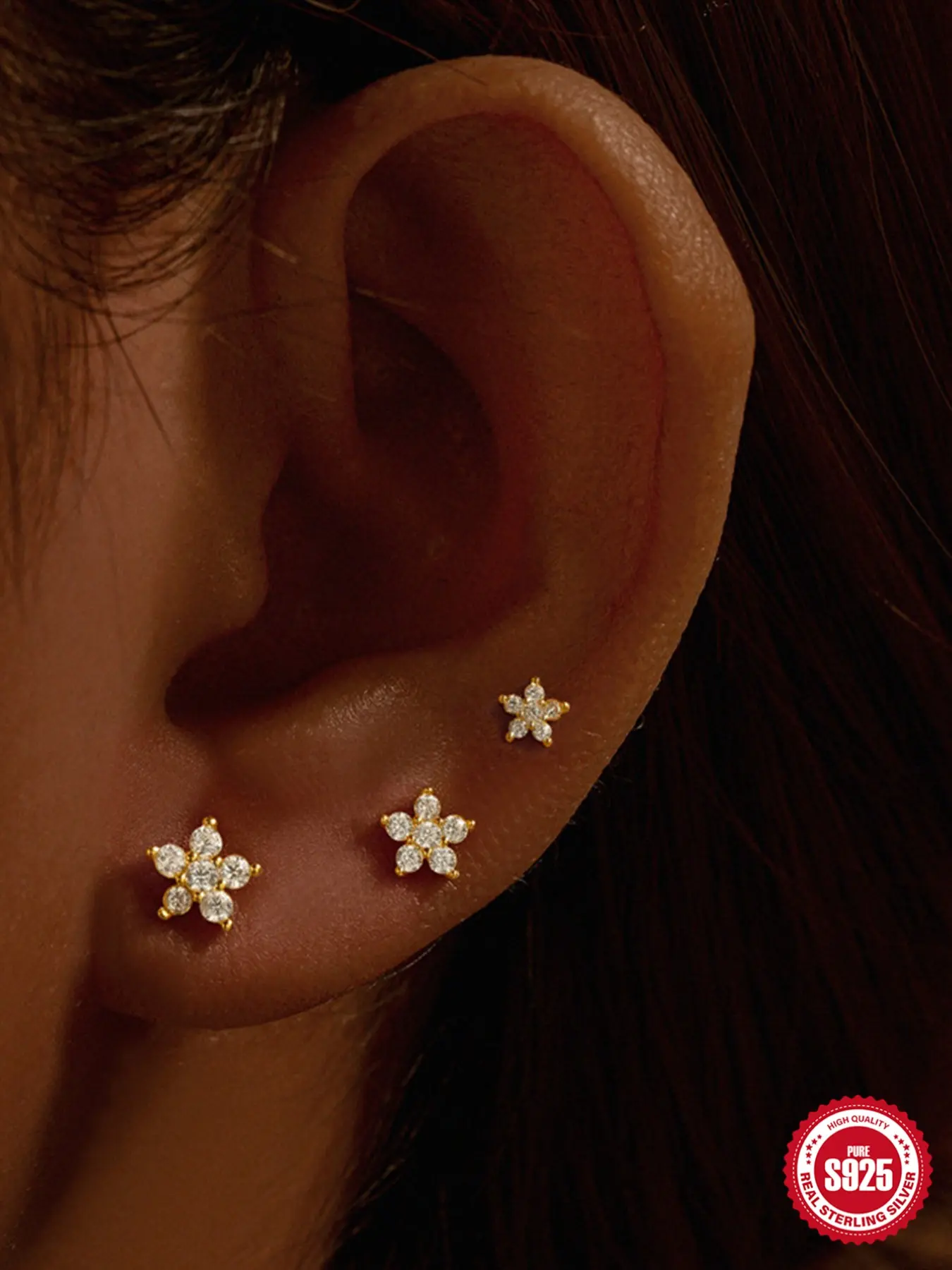 3Pcs Waterproof S925 Silver Gold Flower Petal Stud Earring, Non-Tarnish Hypoallergenic Y2K Bling Rhinestone Accessories, Tarnish Free Multi-Size Cluster Stackable Earring Bridal Wedding Party Gift, Artificial Zirconia Earrings, Stud Earrings Set
