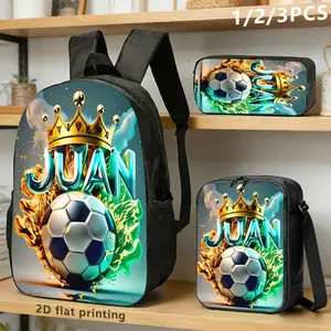 3Pcs Custom Name Soccer Print Backpack Set Durable 600D Oxford Cloth School Bag Insulated Lunch Box & Pencil Case Combo Adjustable Breathable Strap Large Capacity Fits 15in Laptop for Kids Teens School Travel Outdoor Use