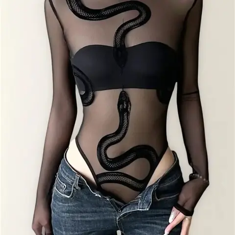 Sheer Velvet Snake Print Mesh Bodysuit, Sexy Slim-Fitting All-In-One for Summer, Elegant and Bold Fashion Statement, Thin