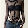 Sheer Velvet Snake Print Mesh Bodysuit, Sexy Slim-Fitting All-In-One for Summer, Elegant and Bold Fashion Statement, Thin