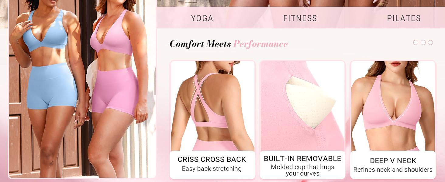 Sports Bras for Women Deep V Neck Criss Cross Bra Wafiya Padded Low Impact Workout Gym Crop Top