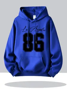 Autumn Winter Los Angeles Handwritten Large Number 86 Colorblock Print Royal Blue Hoodie, Drop Shoulder Casual Long Sleeve Sweatshirt