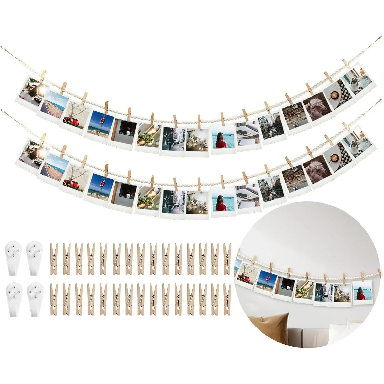 2PCS 67in Boho Hand Organiser Hangable Photo Display Wall Decor - Wooden Bead Garland Picture Collage String with 30 Wood Clips, Natural Look DIY Photo Hanger for Bedroom Decor Gift Idea, 67" Long, Beaded Strings