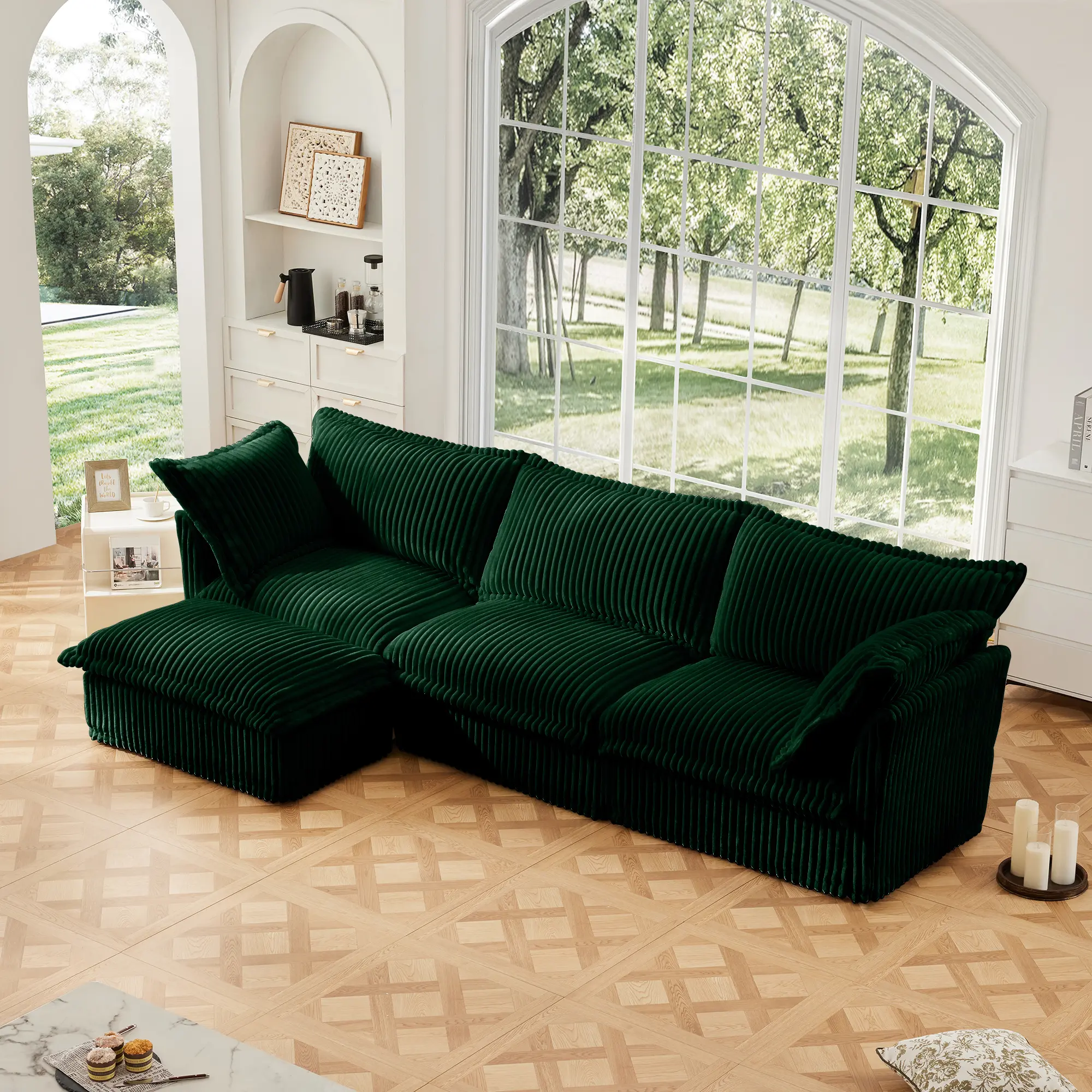 ARCH L-Shaped Slipcovered Sectional Sofa Couch with Convertible Ottoman & 2 Pillows, Comfy Deep Seat Cloud Couch, Modern Oversized 3 Seater Corduroy Sofa Set for Living Room Office, Green, Living Room Furniture for Apartment, Lounge, Family Room