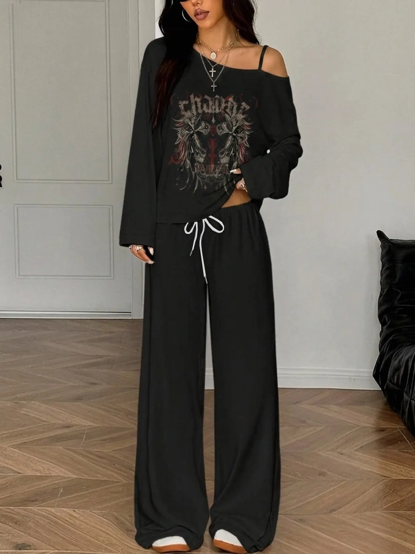 Gothic Cross Print Asymmetrical Strap Long Sleeve Top and Wide Leg Pants Set, Subculture Shoulder-Exposed Casual for Women