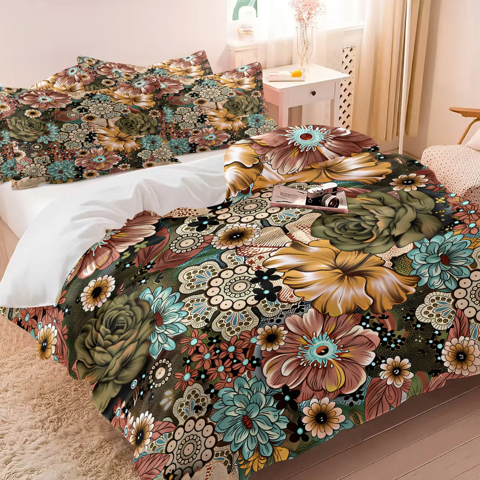 Retro Oil Painting Style Mandala Floral Black Base Bedding Set, 1 Duvet Cover + 1-2 Coreless Pillowcases, Breathable Cozy Durable Fabric, Vintage Earth Tone Flower Design, Perfect Art Home Decor Gift