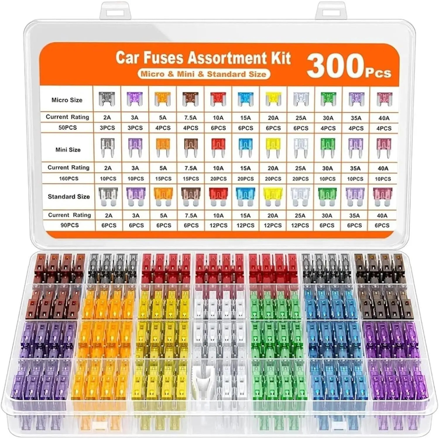 300PCS Car Fuses Assortment Kit Micro Mini Standard Blade Fuses 2A-40A Auto Circuit Replacement Parts