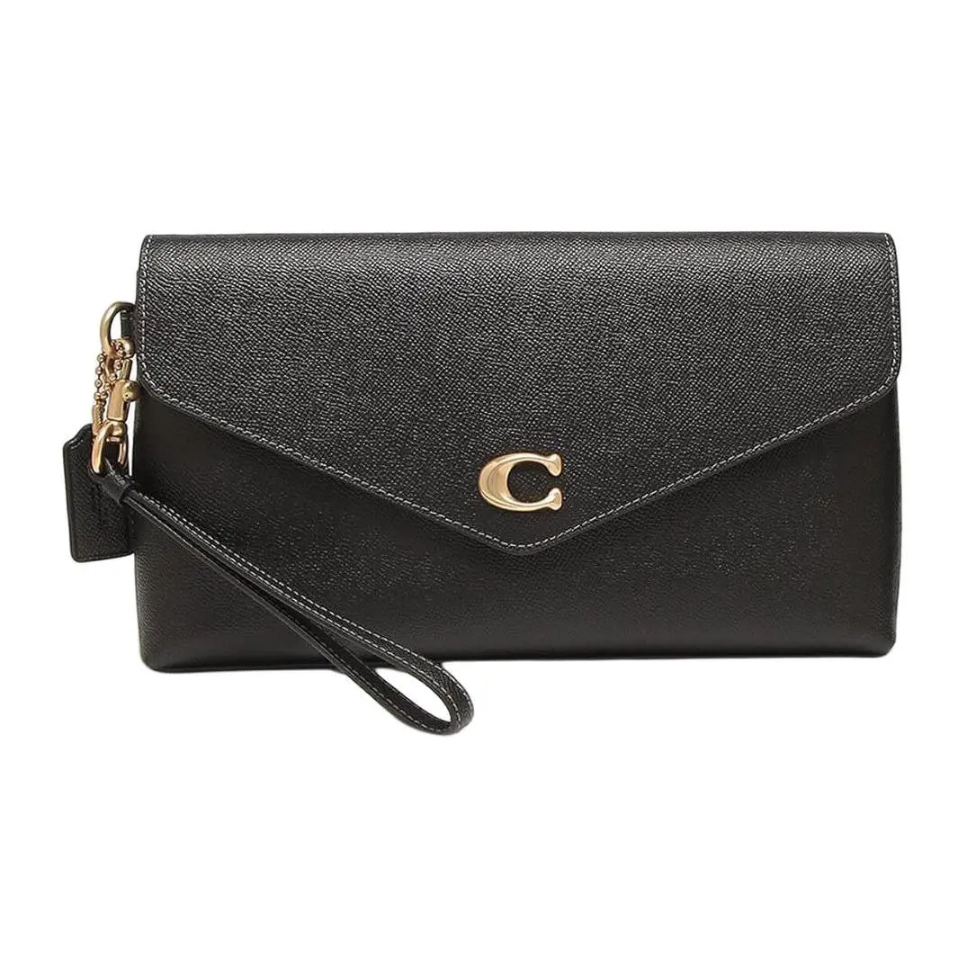 COACH Wyn 27 Solid-Color Snap-Front Wristlet with Interior Zip Pocket and Multiple Card Slots, Textured Leather, Large Size, Women's, Black