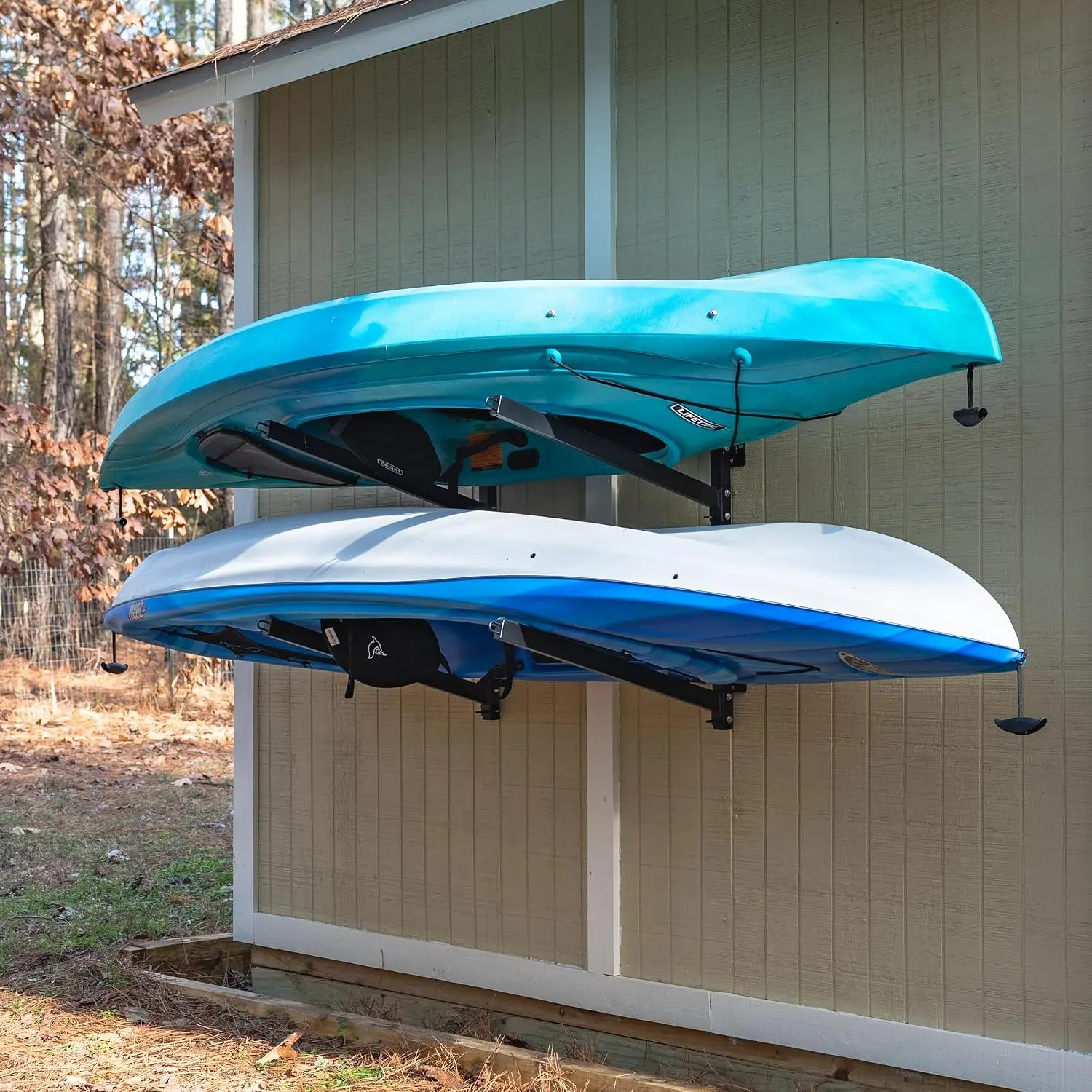 StoreYourBoard Kayak Storage Rack Wall Mount, Holds 2 Kayaks, Padded Arms | Kayak Wall Rack, Outdoor Kayak Storage, Wall Mount Rack, Stainless Hardware, Adjustable Levels