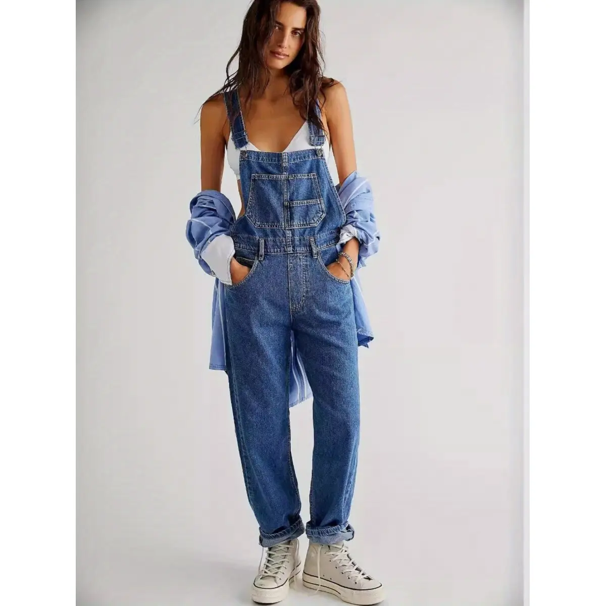 Kynne Women's Vintage Denim Overalls, High-Waisted Loose-Fit Boho Casual Pants with Pockets and Adjustable Straps, Pocket, Soft, Fabric, Multi-Pockets