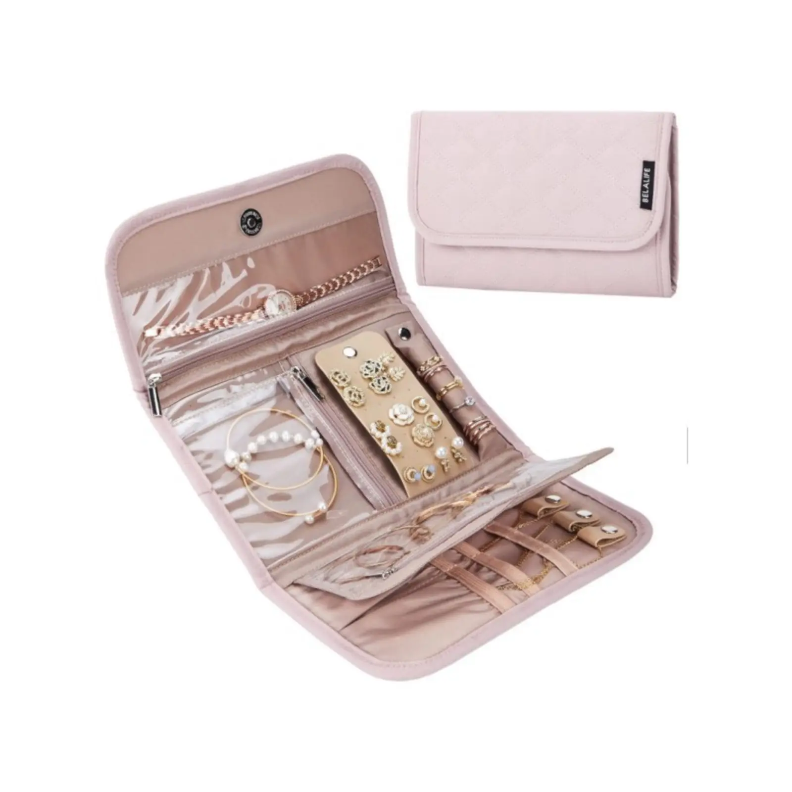 Quilted Travel Jewelry Organizer for Women, Foldable and Compartmentalized Roll-Up Case for Storing Necklaces, Earrings, and Rings, Compartmentalized Travel Organizers, Multi-Compartment Travel Organizers