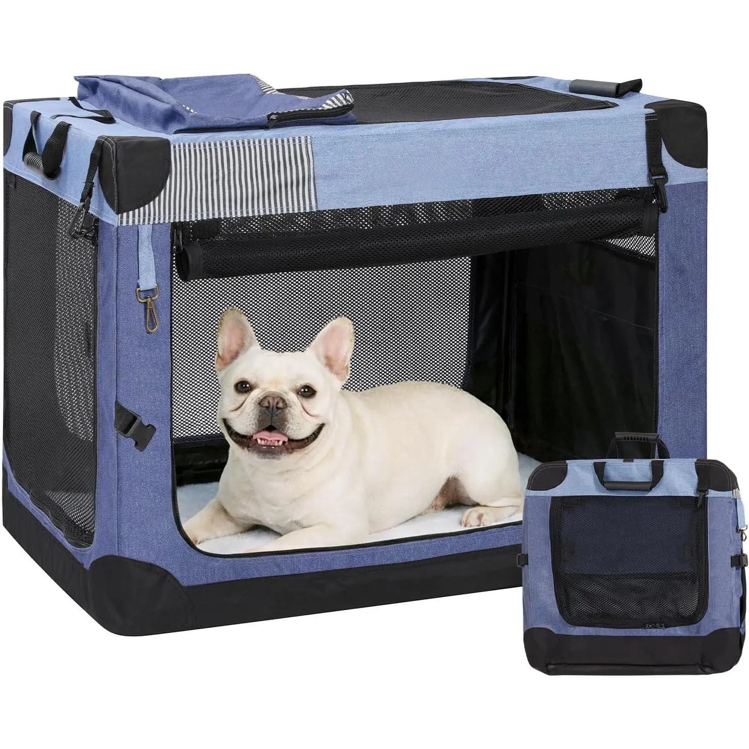 Soft Collapsible  Crate - 26 Inch Portable Travel  Crate for Puppy/Small Dogs Indoor & Outdoor, 3-Door  Crate with Durable Mesh Windows & Storage Bag, Blue