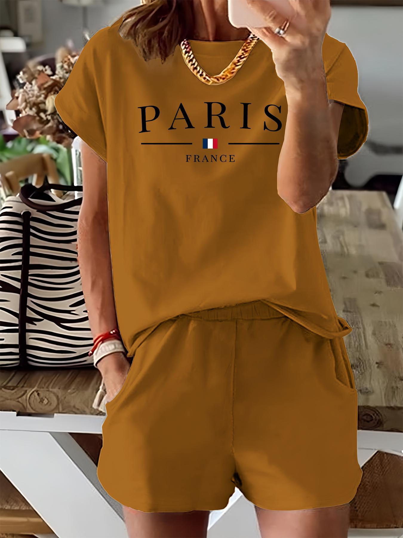 Women's Letter & Flag Print Two-piece Set, Casual Matching Set, Short Sleeve Tee & Elastic Waist Shorts Set, Casual Round Neck T-shirt & Pocket Shorts for Summer, Ladies Clothes for Daily Wear