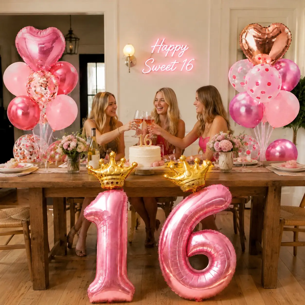 16-Year-Old Girl Birthday Heart Table Decoration Set, Includes 2 Table Banners, Crown, Number 16 Balloon, Perfect for Back-To-School Season