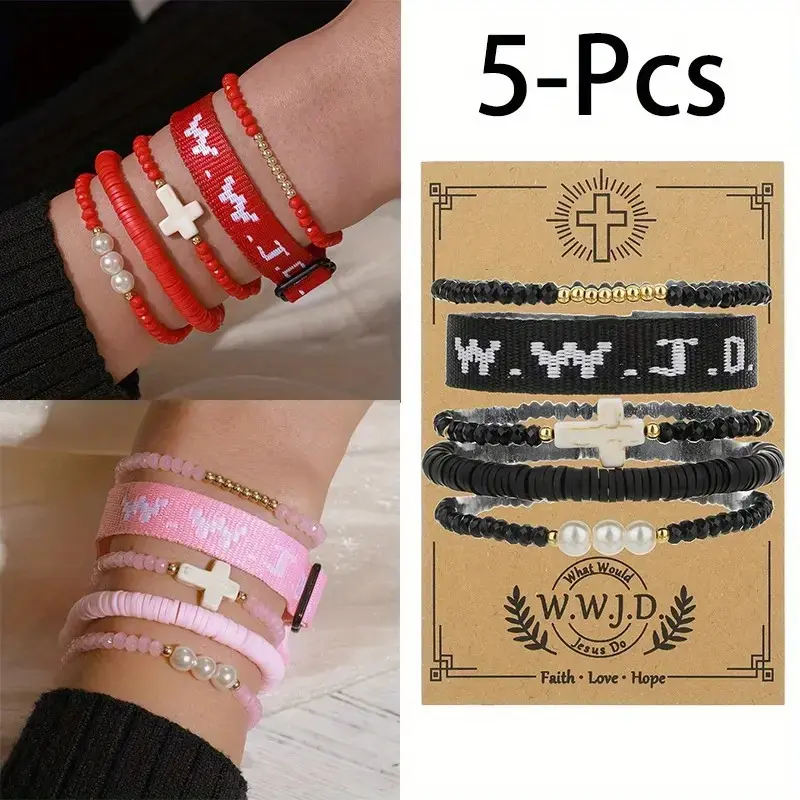 Elegant knitted hand ring letter prayer Turkish cross charm glove set Women's soft clay glazed bracelet Hand elastic beads Hand ring - Gay and lesbian Christian friendship bracelet set