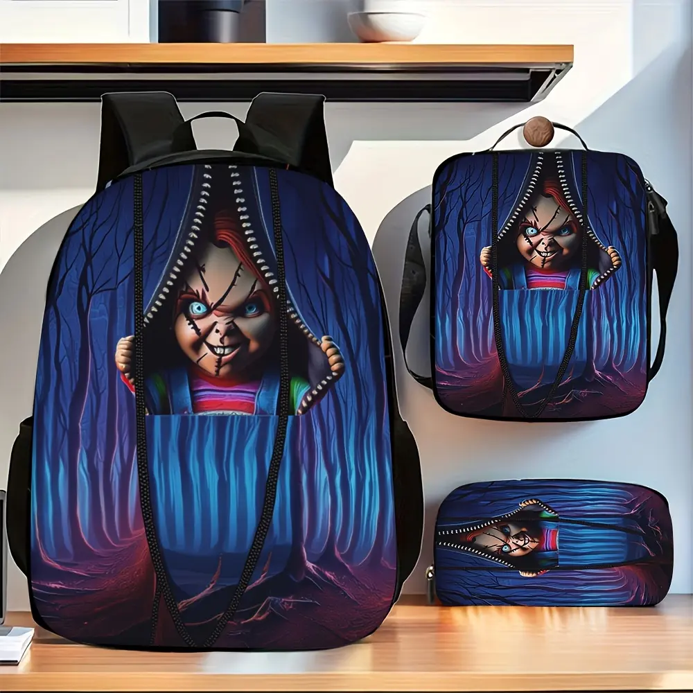 Durable Water Resistant 3-Piece Backpack Set for Horror Movie Fans, Lightweight School Bag with Lunch Box, Dark Forest Zipper Illusion Chucky Doll Print, Includes Large Rucksack, Thermal Lunch Tote & Stationery Pouch