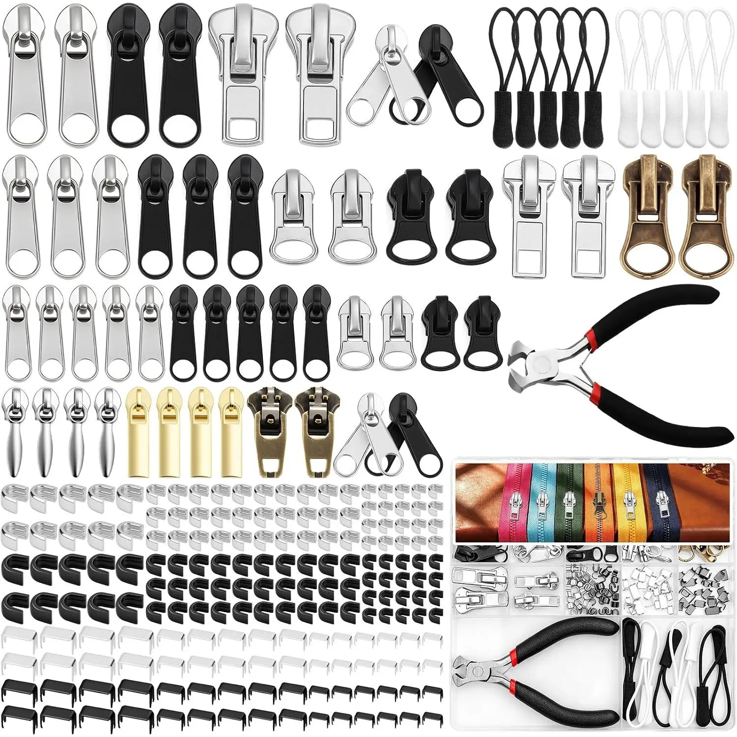 203 count Zipper Repair Kit with Pliers,  Zipper  Kit | Includes Zipper  and Pull, Use for Clothing, Jackets, Coats, Boots, Purses, and Outdoor Gear
