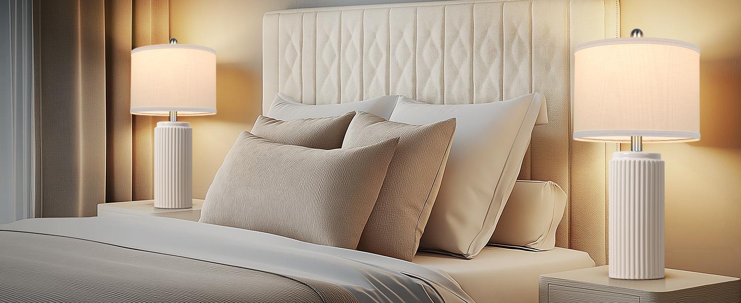 2 Pack 23.5’’ Modern Ceramic Table Lamps Set of 2 for Living Room, Farmhouse Vintage Bedside Table Lamps with White Linen Shade, Rustic Bedroom Ceramic Lamps for Nightstand Home Office End Table Dorm